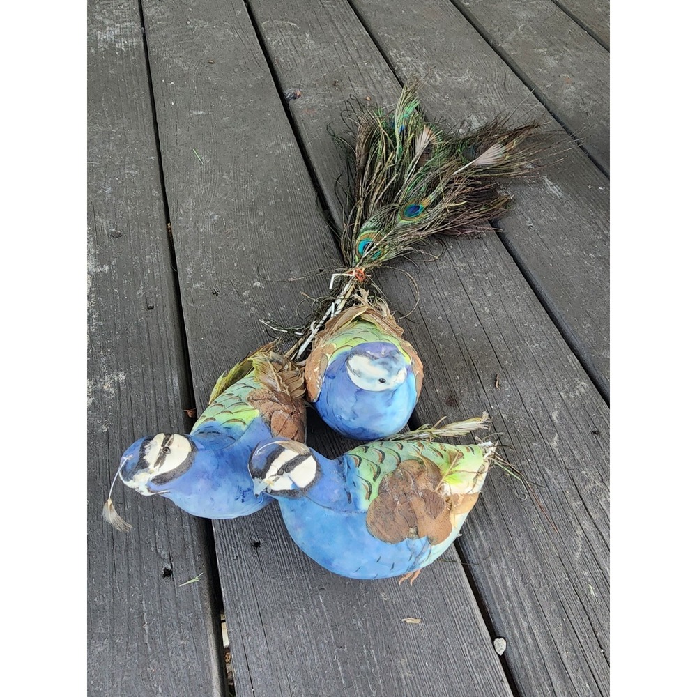 Vintage Set Of 3 German Flocked Peacock Bird Ornaments Real Peacock Feathers